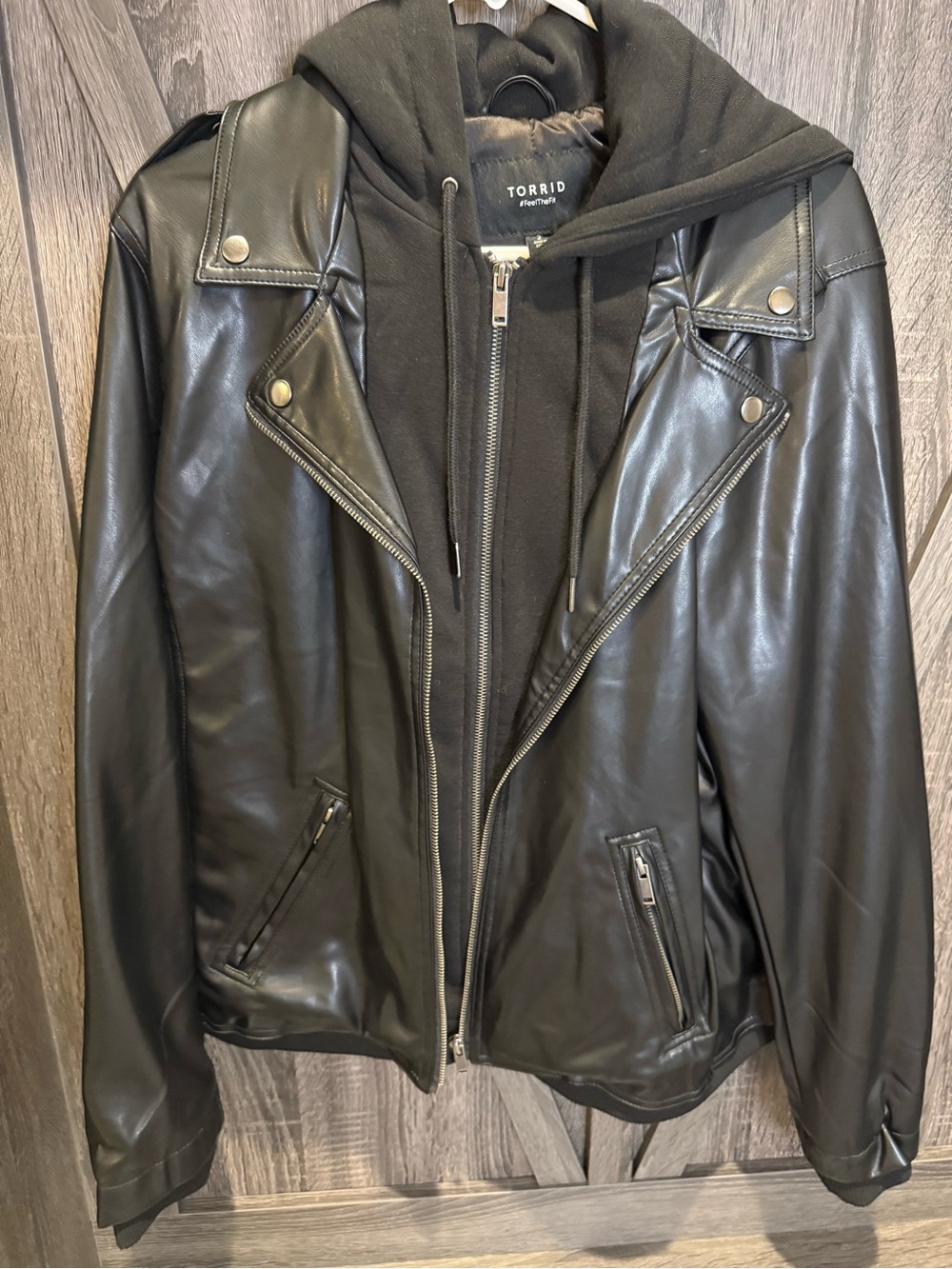 torrid Black Faux Leather Bomber-Style Moto Jacket with Hooded Liner